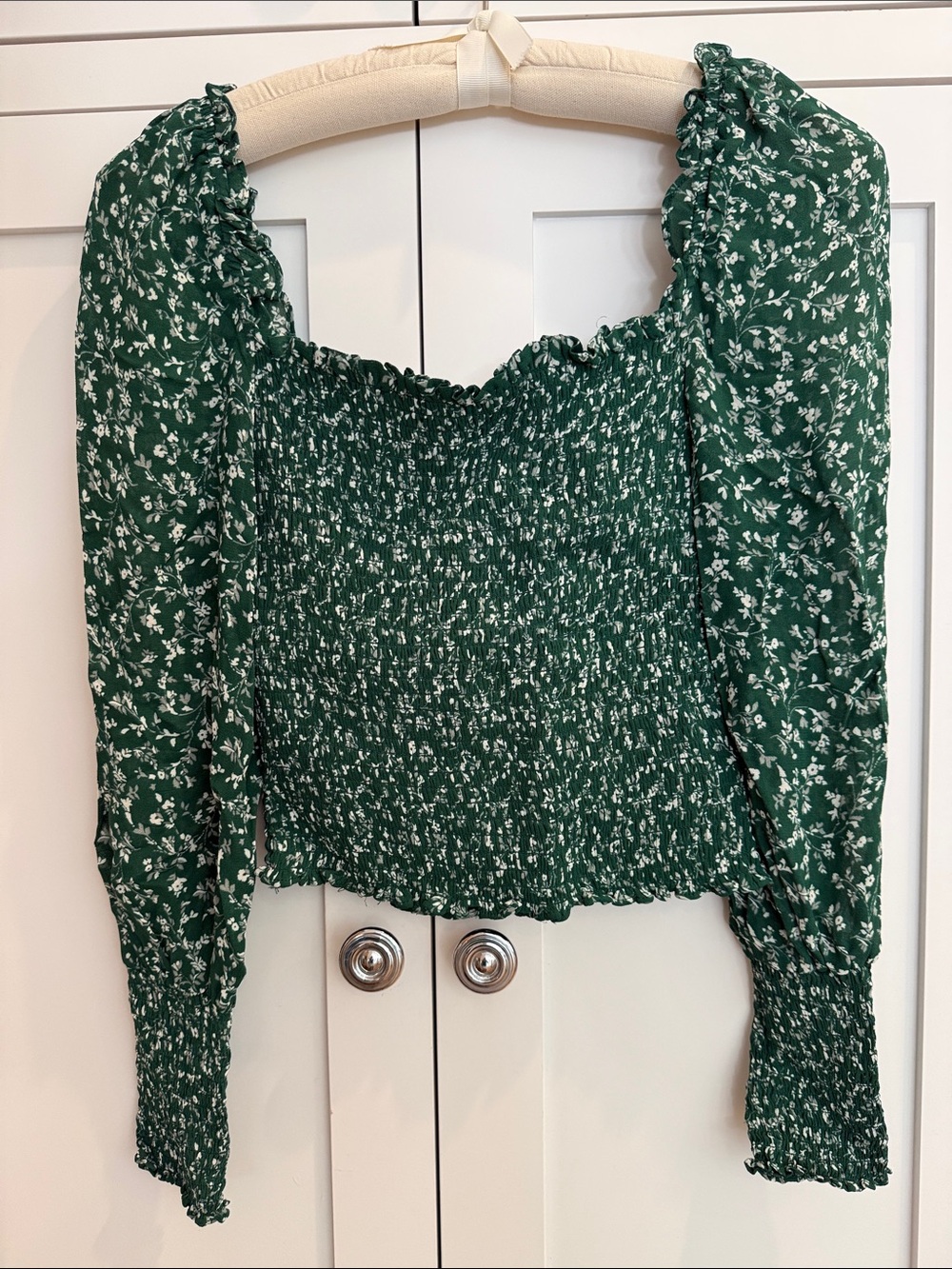Reformation Pinto Top. Dark Green Floral Smocked Square-Neck Blouse